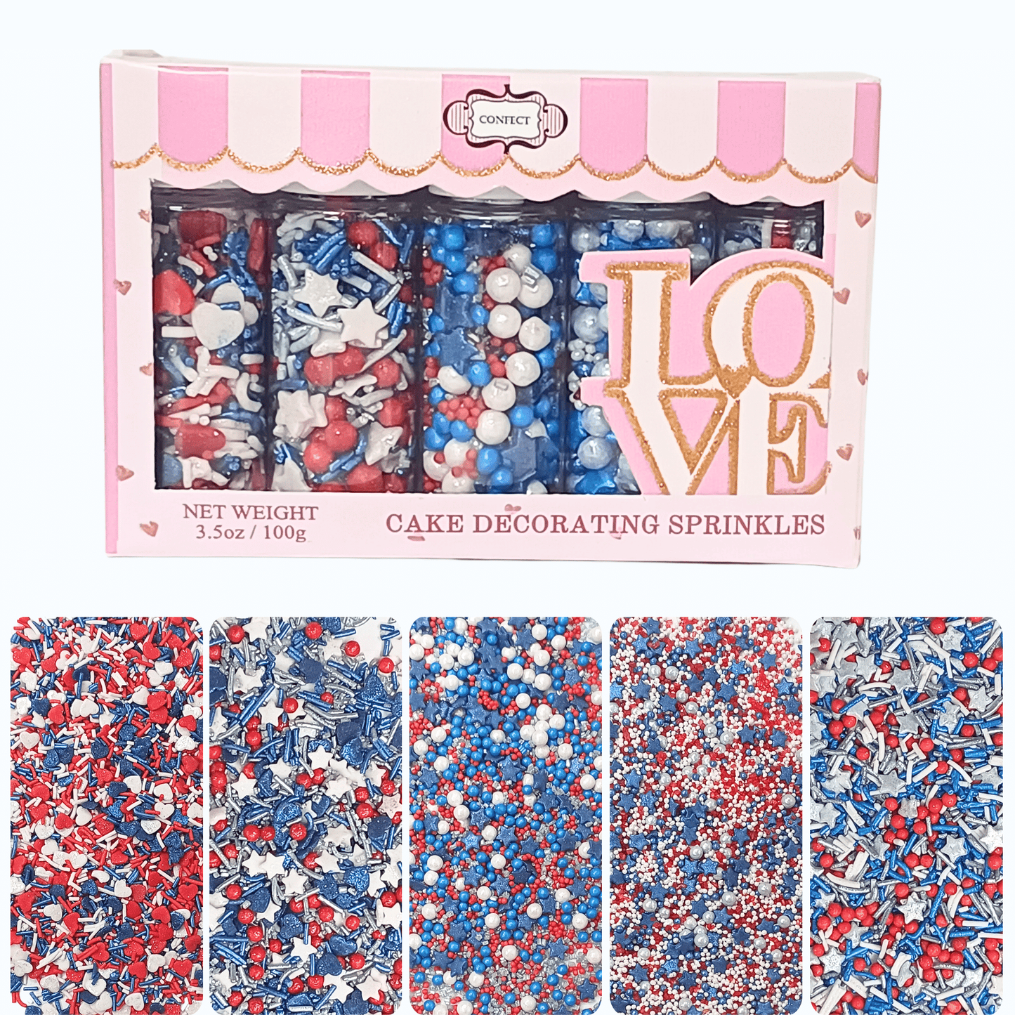 Confect Edible Patriotic Sprinkles | Mix Heart & Star Sprinkles For Cake & Cupcake Decorations Pack of 5 (J4-03)