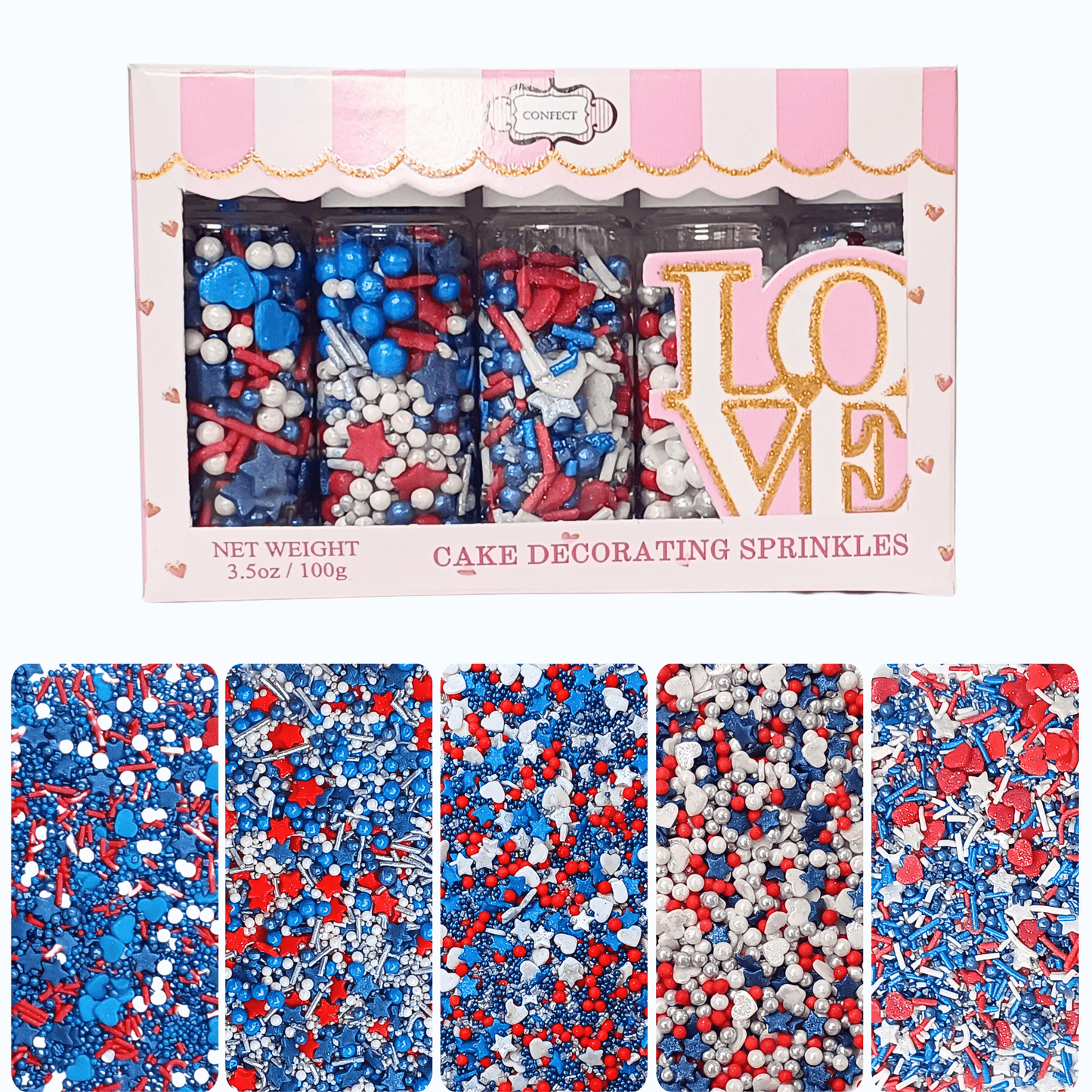 Confect Edible Patriotic Sprinkles | Edible Sprinkles For Cake & Cupcake Decorations | Hero's Triumph Sprinkle Pack of 5 (J4-05)