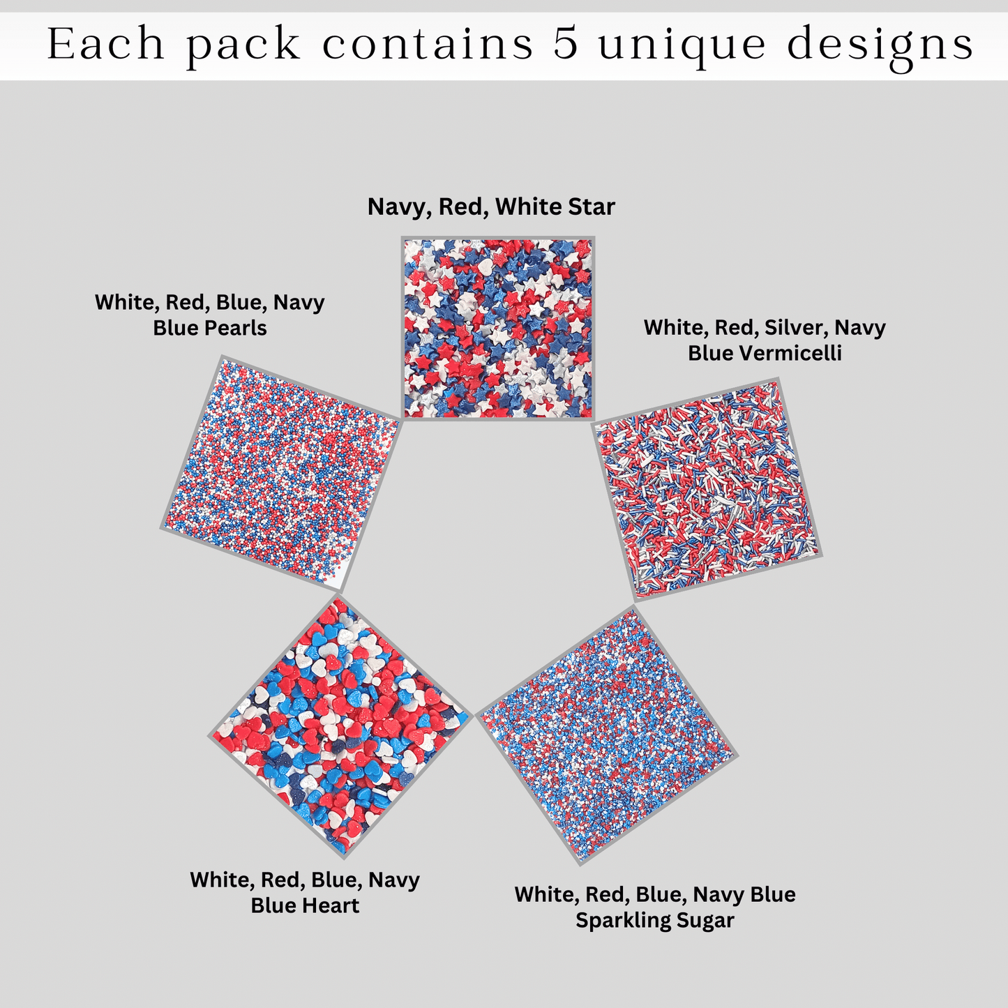 Confect Edible Patriotic Sprinkles |  Mix Red, White, Blue & Silver Sprinkles Pack of 5 (J4-01)