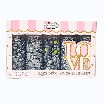 Confect Mix Silver Star Sprinkles & Sparking Sugar | Black & Grey Pearls & Vermicelli | Galaxy Sprinkles | Star Sprinkles | Edible Green Jimmies & Sprinkles Pack of 5 (3.5 Oz)