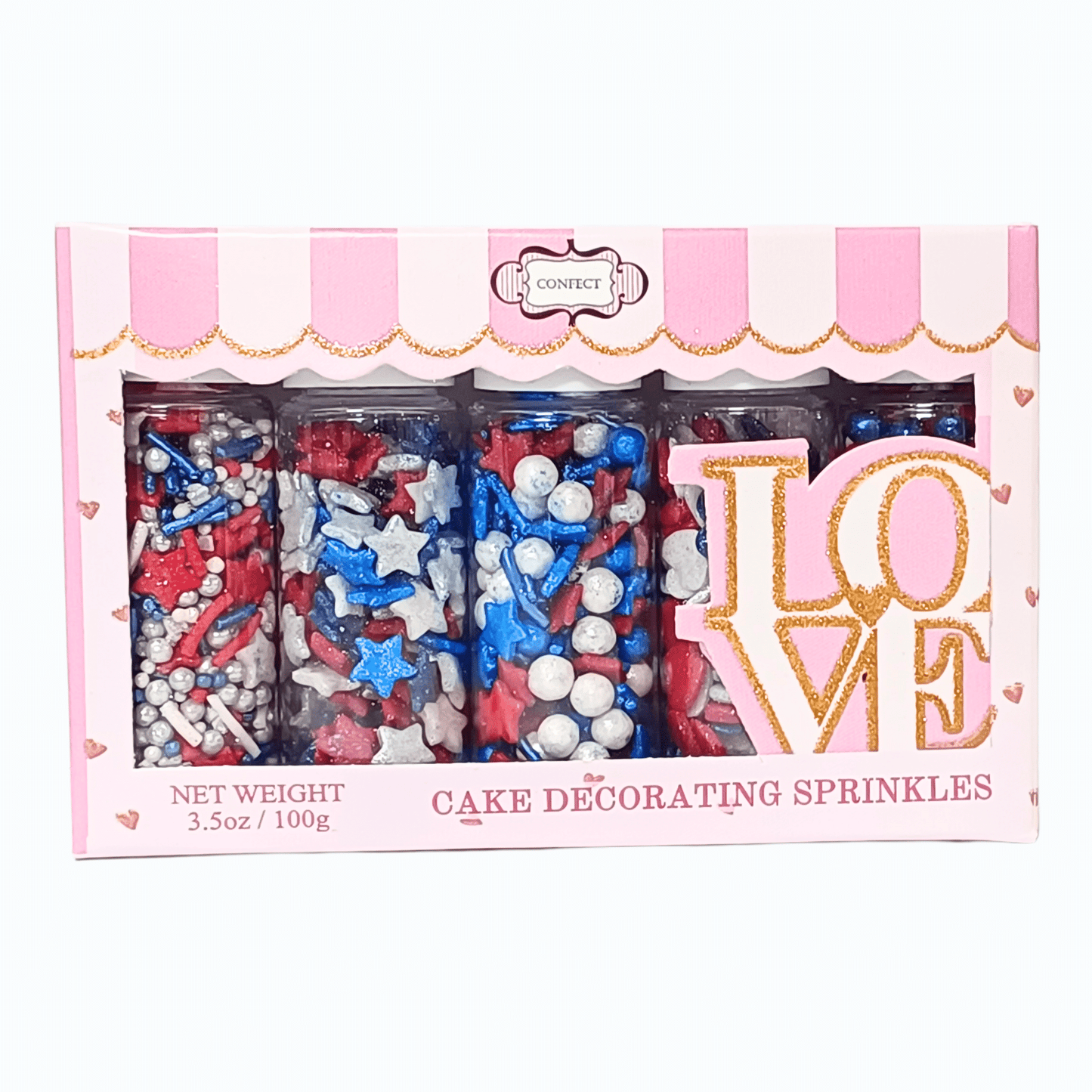 Confect Patriotic Sprinkles | Heart & Star Sprinkles | Pearls & Jimmies | Ultimate Avenger Sprinkles Pack of 5 (J4-07)