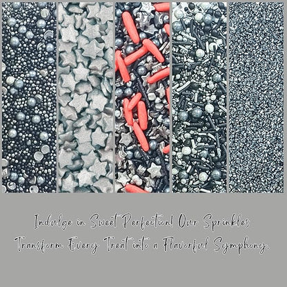 Confect Edible Sprinkles | Mix Silver Star Sprinkles | Galaxy Sprinkles | Silver Sparkling Sugar | Black & Grey Pearls & Vermicelli | Edible Red Jimmies & Sprinkles Pack of 5 (3.5 Oz)