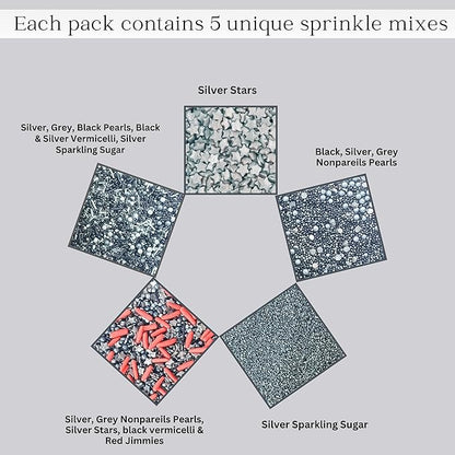 Confect Edible Sprinkles | Mix Silver Star Sprinkles | Galaxy Sprinkles | Silver Sparkling Sugar | Black & Grey Pearls & Vermicelli | Edible Red Jimmies & Sprinkles Pack of 5 (3.5 Oz)