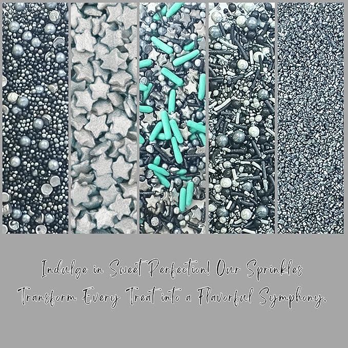 Confect Mix Silver Star Sprinkles & Sparkling Sugar | Black & Grey Pearls & Vermicelli | Galaxy Sprinkles | Edible Blue Jimmies & Sprinkles Pack of 5 (3.5 Oz)