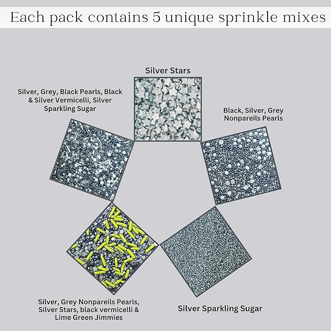 Confect Mix Silver Star Sprinkles & Sparking Sugar | Black & Grey Pearls & Vermicelli | Galaxy Sprinkles | Star Sprinkles | Edible Green Jimmies & Sprinkles Pack of 5 (3.5 Oz)