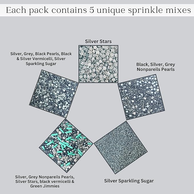 Confect Mix Silver Star Sprinkles & Sparkling Sugar | Black & Grey Pearls & Vermicelli | Galaxy Sprinkles | Edible Blue Jimmies & Sprinkles Pack of 5 (3.5 Oz)