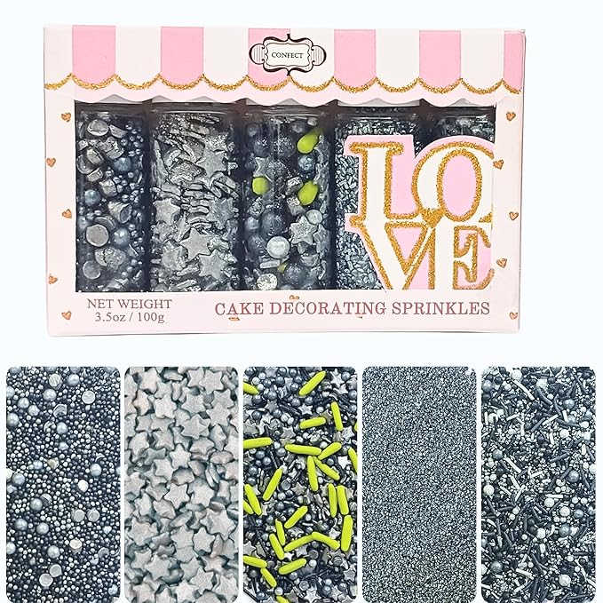 Confect Mix Silver Star Sprinkles & Sparking Sugar | Black & Grey Pearls & Vermicelli | Galaxy Sprinkles | Star Sprinkles | Edible Green Jimmies & Sprinkles Pack of 5 (3.5 Oz)