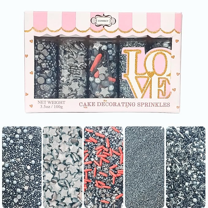 Confect Edible Sprinkles | Mix Silver Star Sprinkles | Galaxy Sprinkles | Silver Sparkling Sugar | Black & Grey Pearls & Vermicelli | Edible Red Jimmies & Sprinkles Pack of 5 (3.5 Oz)