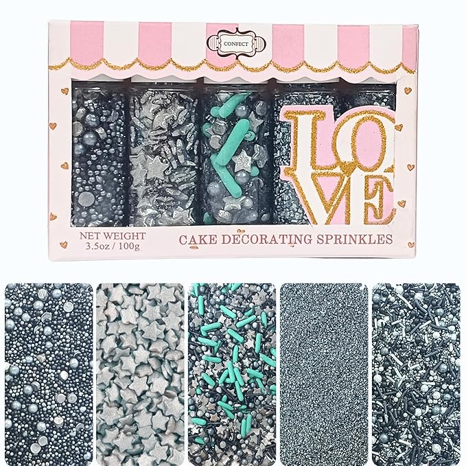 Confect Mix Silver Star Sprinkles & Sparkling Sugar | Black & Grey Pearls & Vermicelli | Galaxy Sprinkles | Edible Blue Jimmies & Sprinkles Pack of 5 (3.5 Oz)