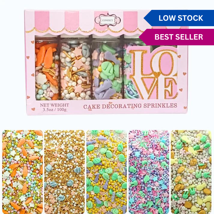 Confect Easter Sprinkles Edible |  White, Pink and Gold Pearls, vermicelli , Easter Bunny & Stars Pack of 5 (EAST 12) - 100Gms