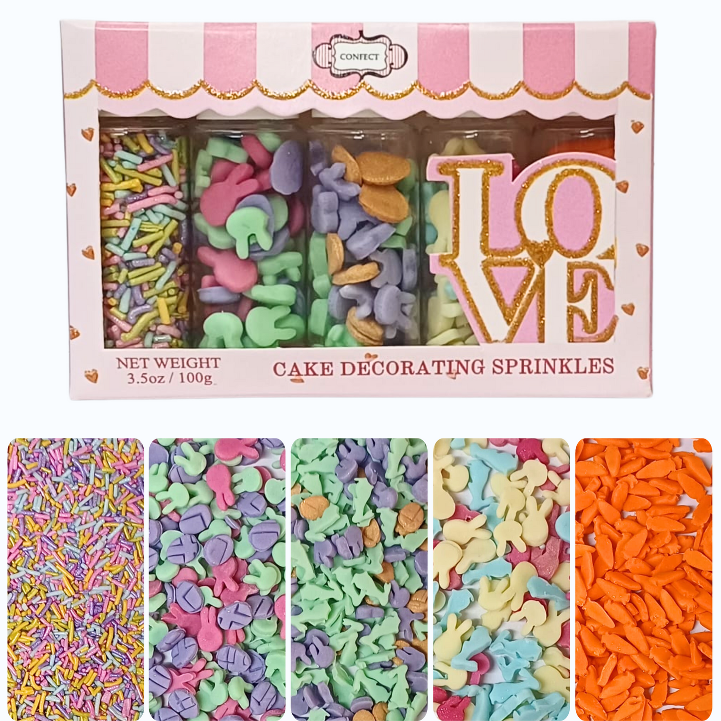 Confect Easter Sprinkles Edible | Mix Pink, Yellow, Red, Silver and Green Vermicelli and Easter Bunny Pack of 5 (EAST 10) - 100Gms