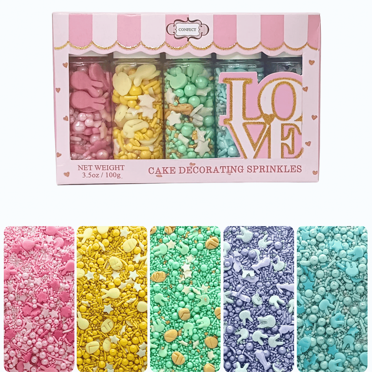 Confect Easter Sprinkles Edible | Mix Parrot Green, Pink, Sky Blue and Yellow Pearls & Stars Pack Of 5 (EAST 5) - 100Gms