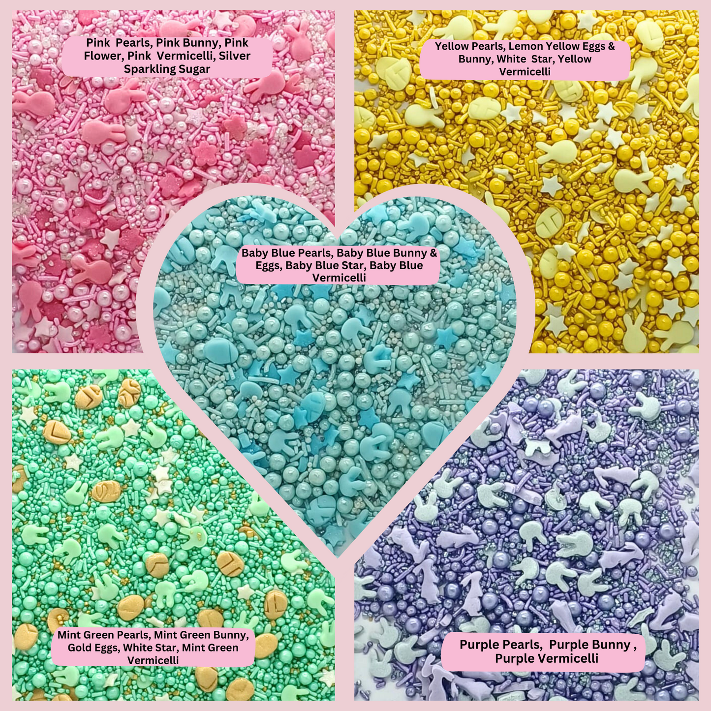 Confect Easter Sprinkles Edible | Mix Parrot Green, Pink, Sky Blue and Yellow Pearls & Stars Pack Of 5 (EAST 5) - 100Gms