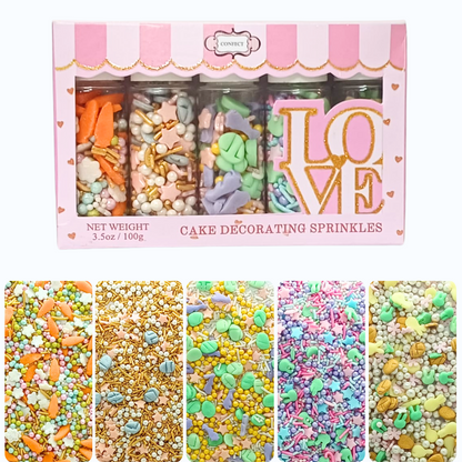 Confect Easter Sprinkles Edible |  White, Pink and Gold Pearls, vermicelli , Easter Bunny & Stars Pack of 5 (EAST 12) - 100Gms