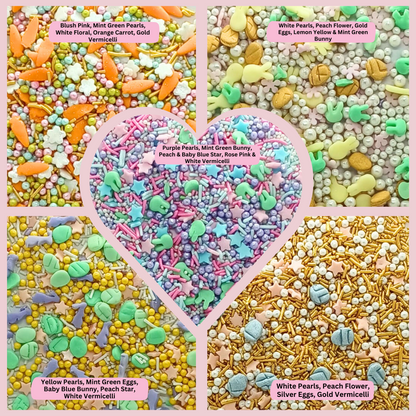 Confect Easter Sprinkles Edible |  White, Pink and Gold Pearls, vermicelli , Easter Bunny & Stars Pack of 5 (EAST 12) - 100Gms