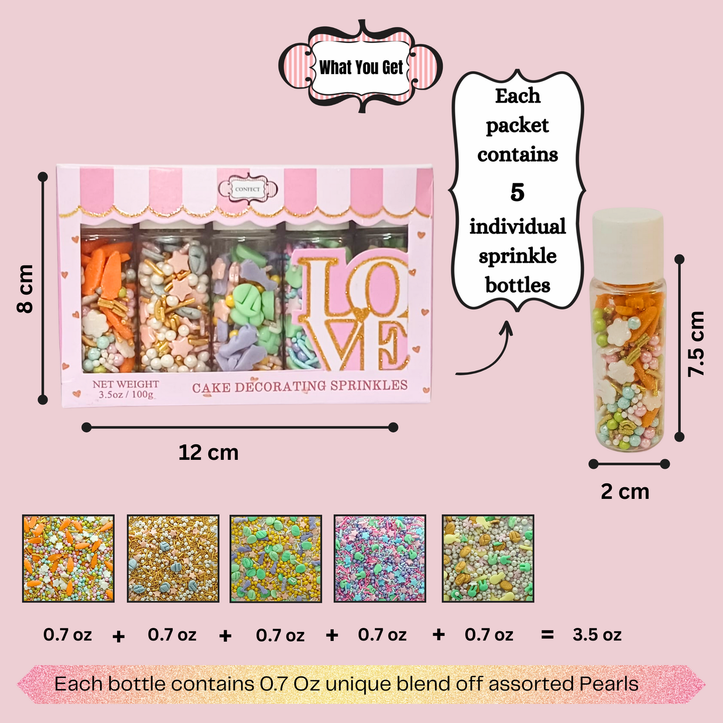 Confect Easter Sprinkles Edible |  White, Pink and Gold Pearls, vermicelli , Easter Bunny & Stars Pack of 5 (EAST 12) - 100Gms