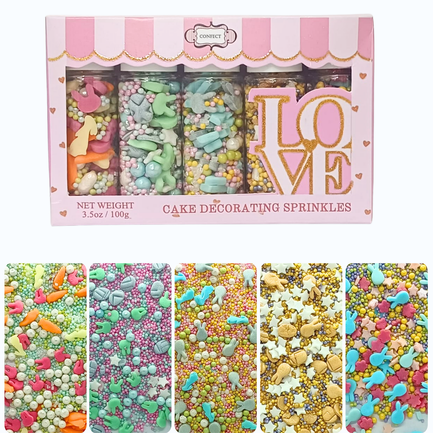 Confect Easter Sprinkles Edible | Mix Parrot Green, Yellow, Pink, White and Silver Pearls & Stars Pack of 5 (EAST 7) - 100Gms