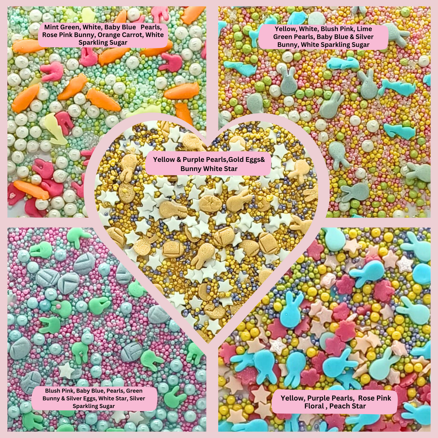 Confect Easter Sprinkles Edible | Mix Parrot Green, Yellow, Pink, White and Silver Pearls & Stars Pack of 5 (EAST 7) - 100Gms