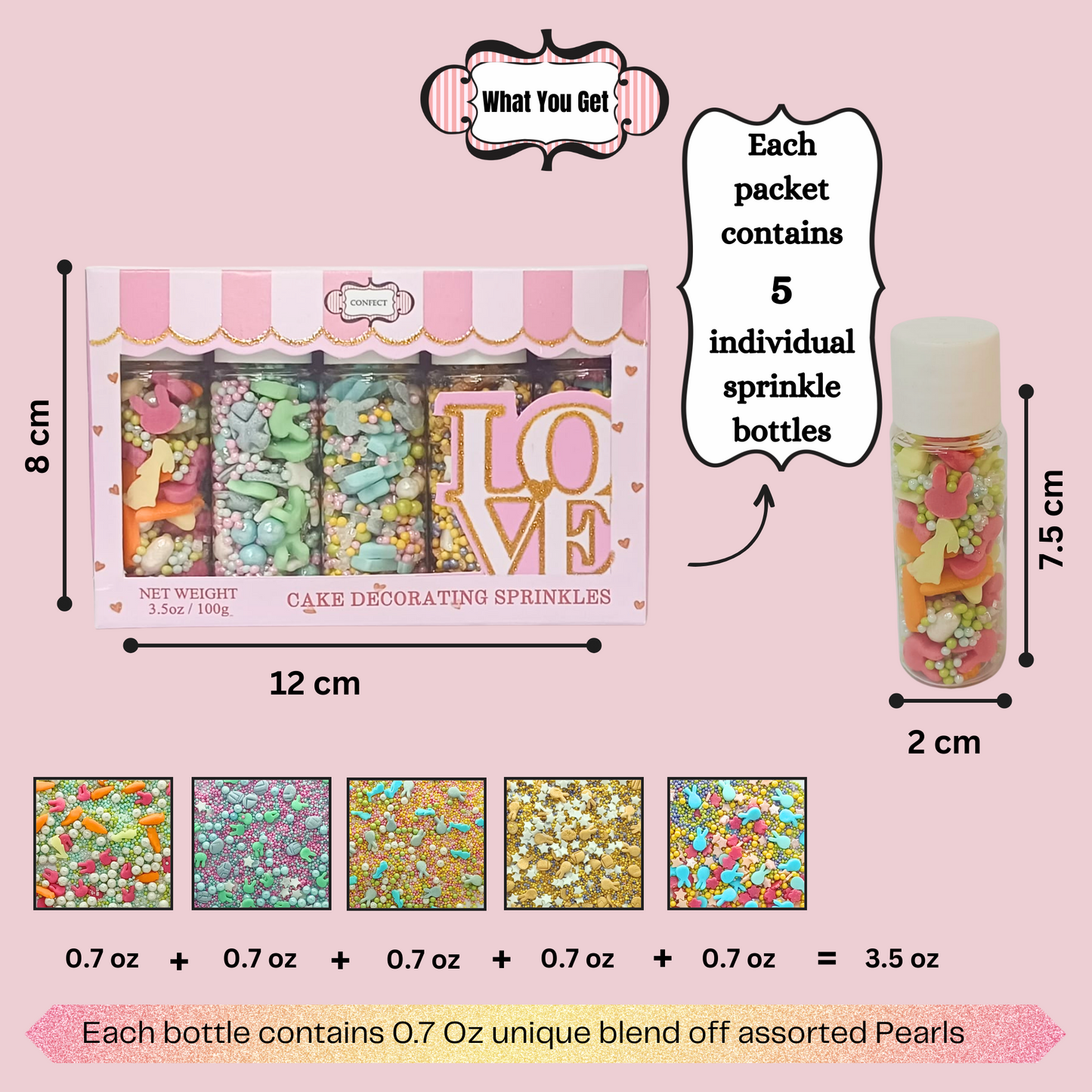 Confect Easter Sprinkles Edible | Mix Parrot Green, Yellow, Pink, White and Silver Pearls & Stars Pack of 5 (EAST 7) - 100Gms